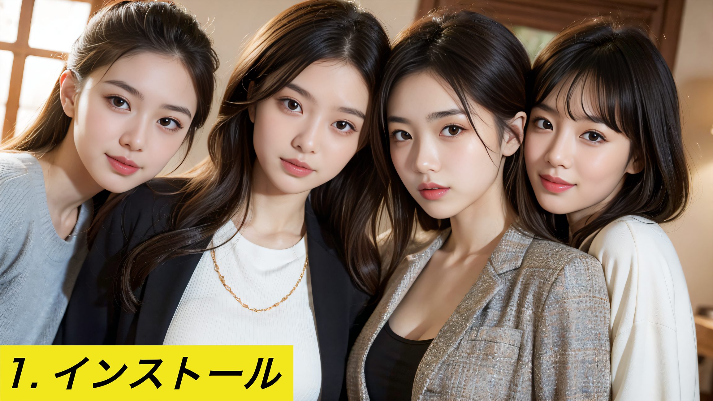 Stable Diffusion Web UIのインストール手順を説明する記事のイメージ画像。寄り添う4人の女性の画像と「1. インストール」というテキスト。Stable Diffusion, インストール, Web UI, AUTOMATIC1111