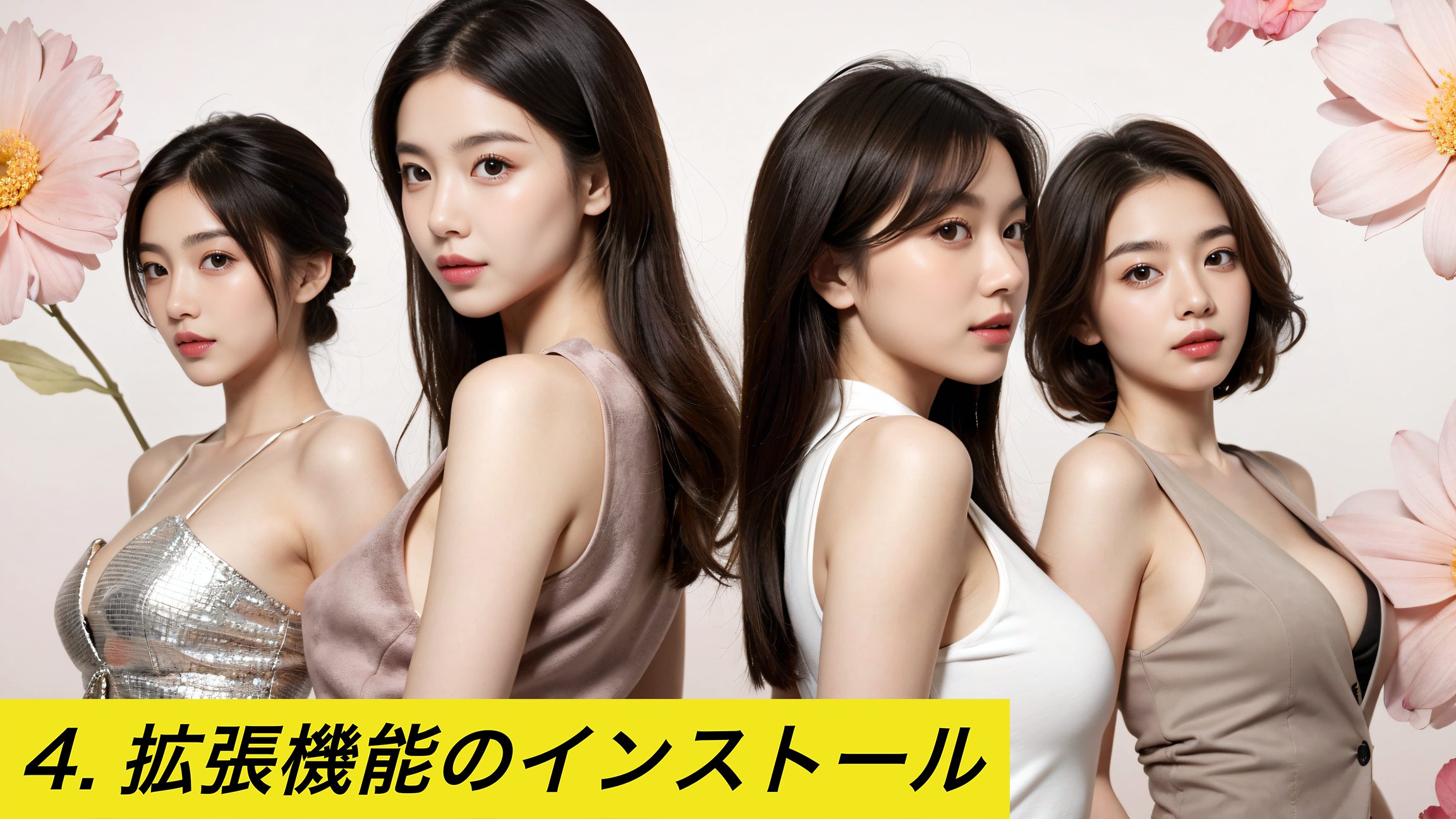 Stable Diffusion Web UIの拡張機能のインストール方法を説明する記事のイメージ画像。4人の女性とピンクの花の画像と「4. 拡張機能のインストール」というテキスト。Stable Diffusion, 拡張機能, インストール, Web UI