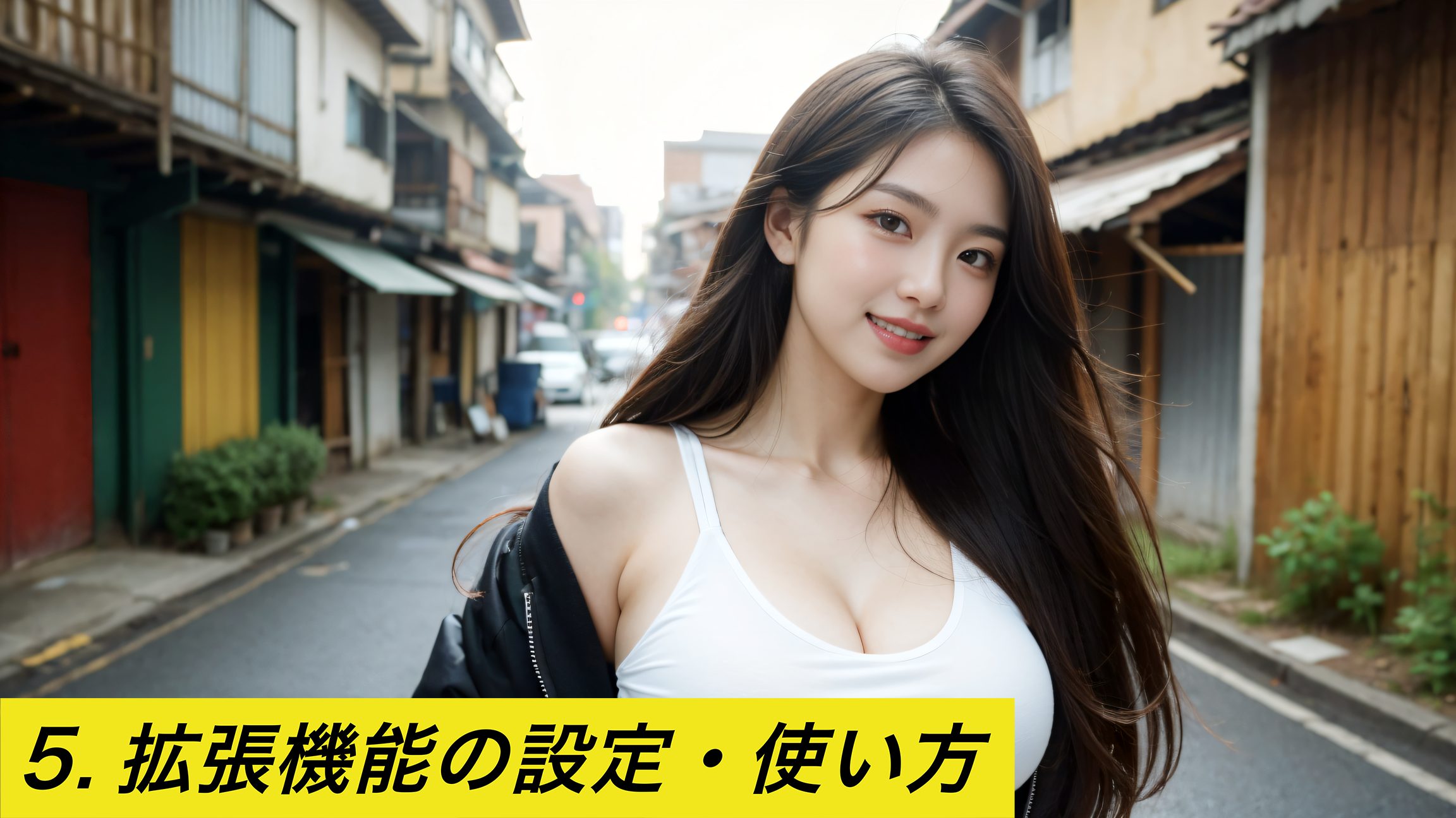 Stable Diffusion Web UIの拡張機能の設定と使い方を説明する記事のイメージ画像。街中で白いタンクトップと黒いジャケットを着た女性の画像と「5. 拡張機能の設定・使い方」というテキスト。Stable Diffusion, 拡張機能, 設定, 使い方