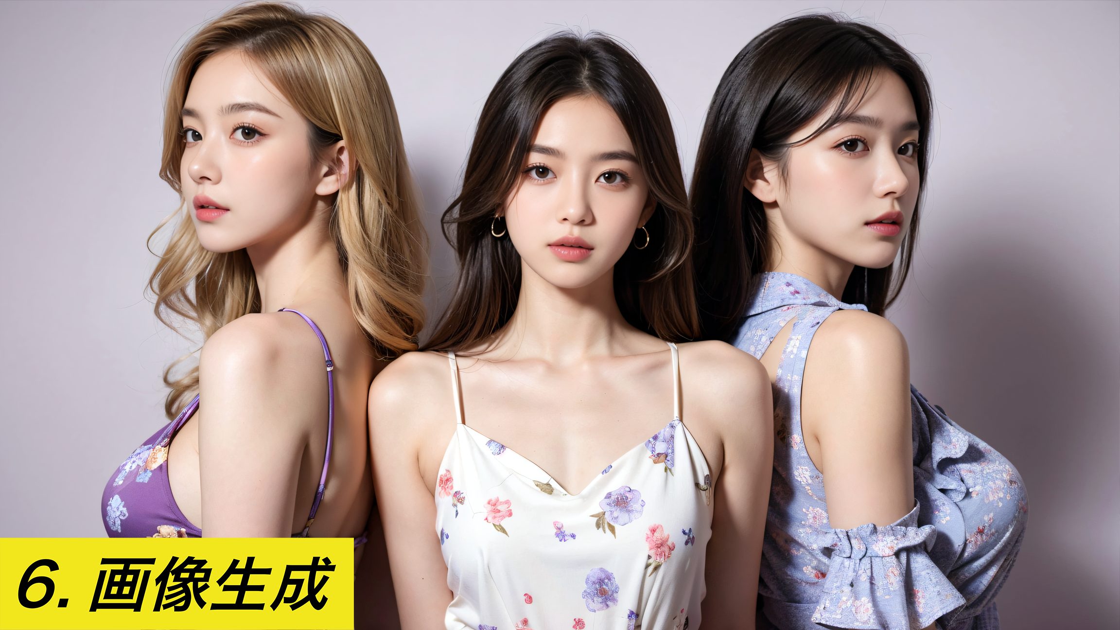 Stable Diffusion Web UIでの画像生成について説明する記事のイメージ画像。花柄の服を着た3人の女性の画像と「6. 画像生成」というテキスト。Stable Diffusion, 画像生成, プロンプト, LoRA