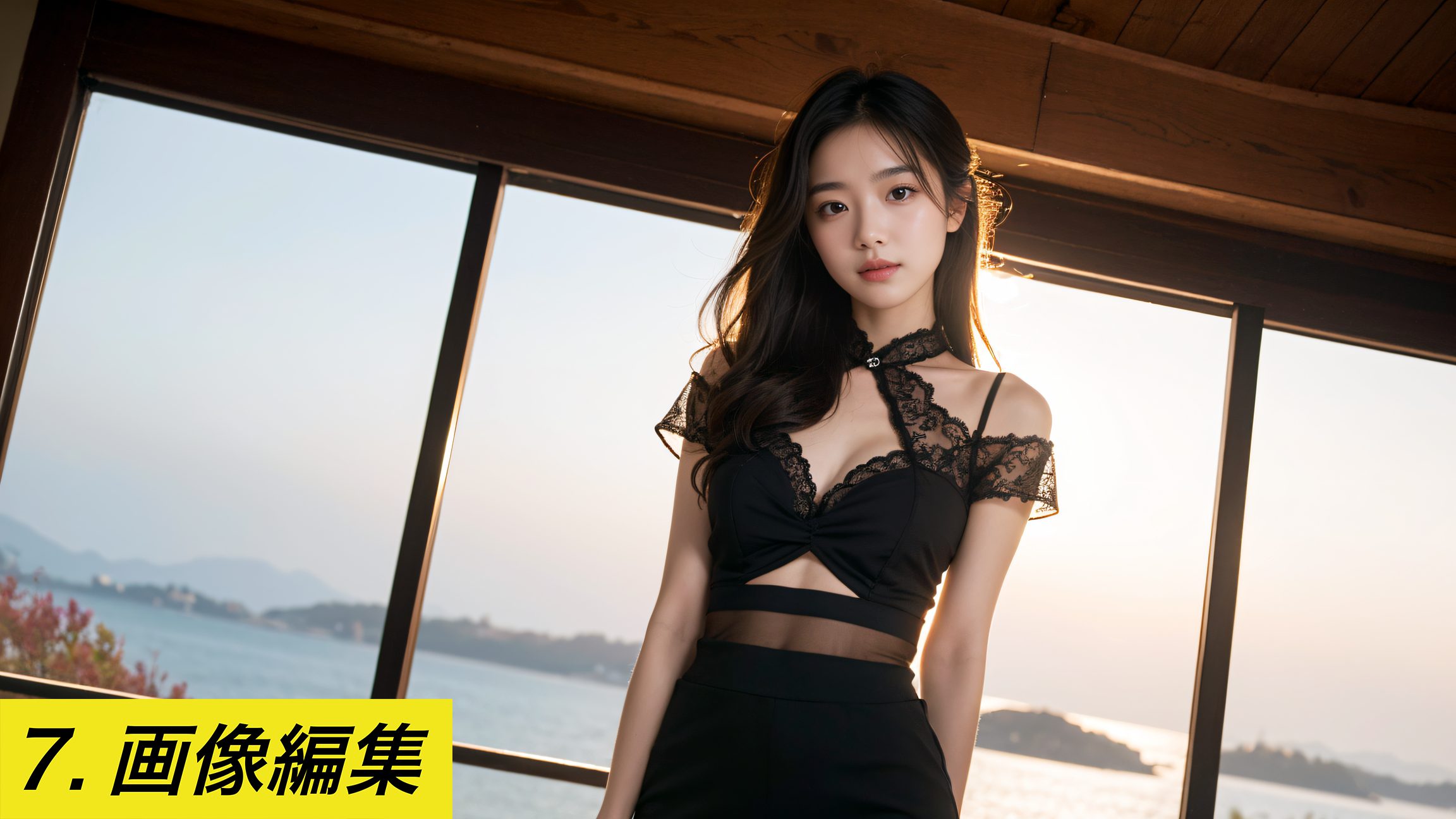 画像編集について説明する記事のイメージ画像。窓辺に立つ黒い服を着た女性の画像と「7. 画像編集」というテキスト。画像編集, ソフト, ペンタブレット, ショートカット