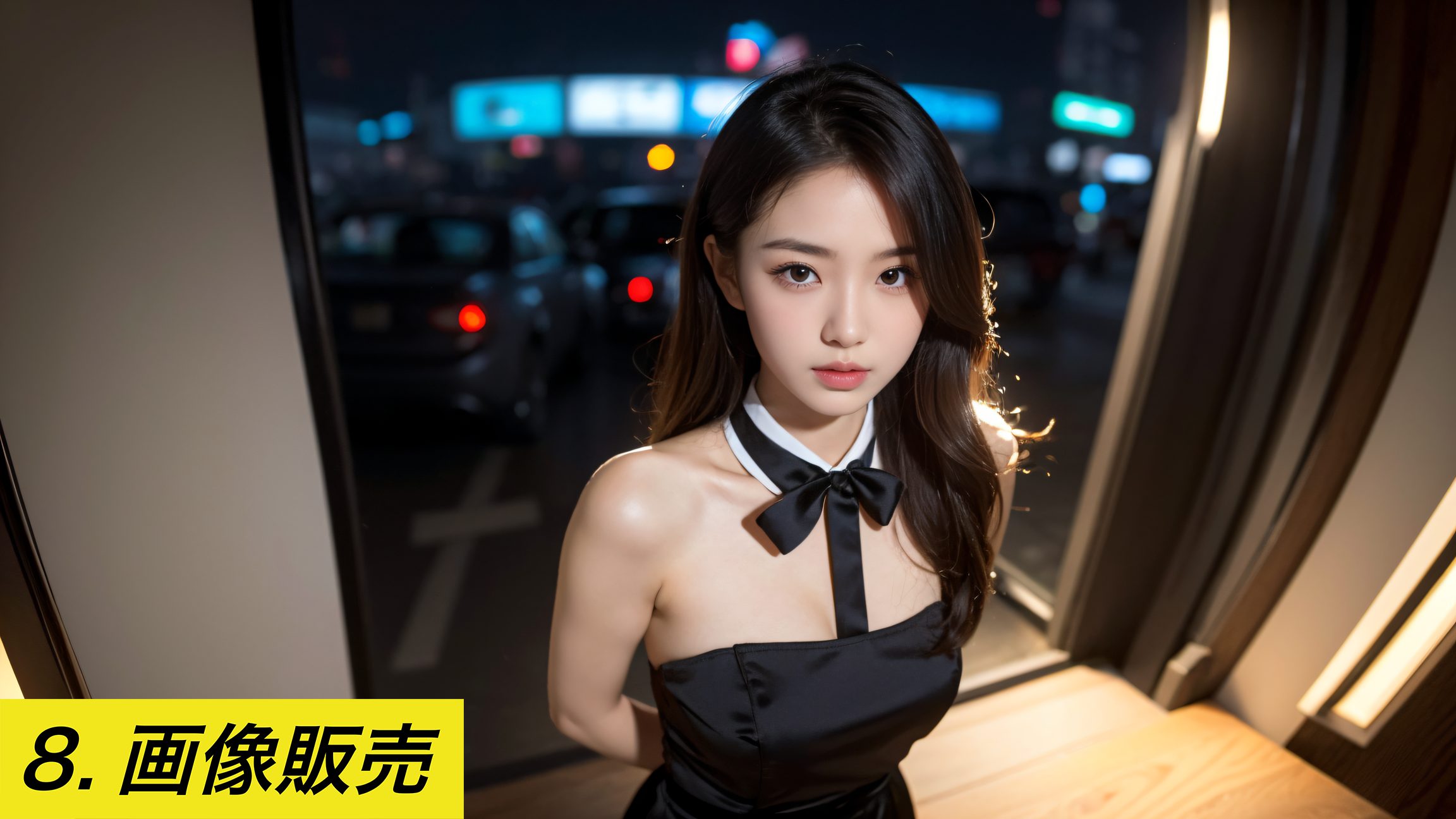 画像販売について説明する記事のイメージ画像。夜の街を背景に、黒いドレスを着た女性の画像と「8. 画像販売」というテキスト。画像販売, FANZA同人, Kindle, 電子書籍