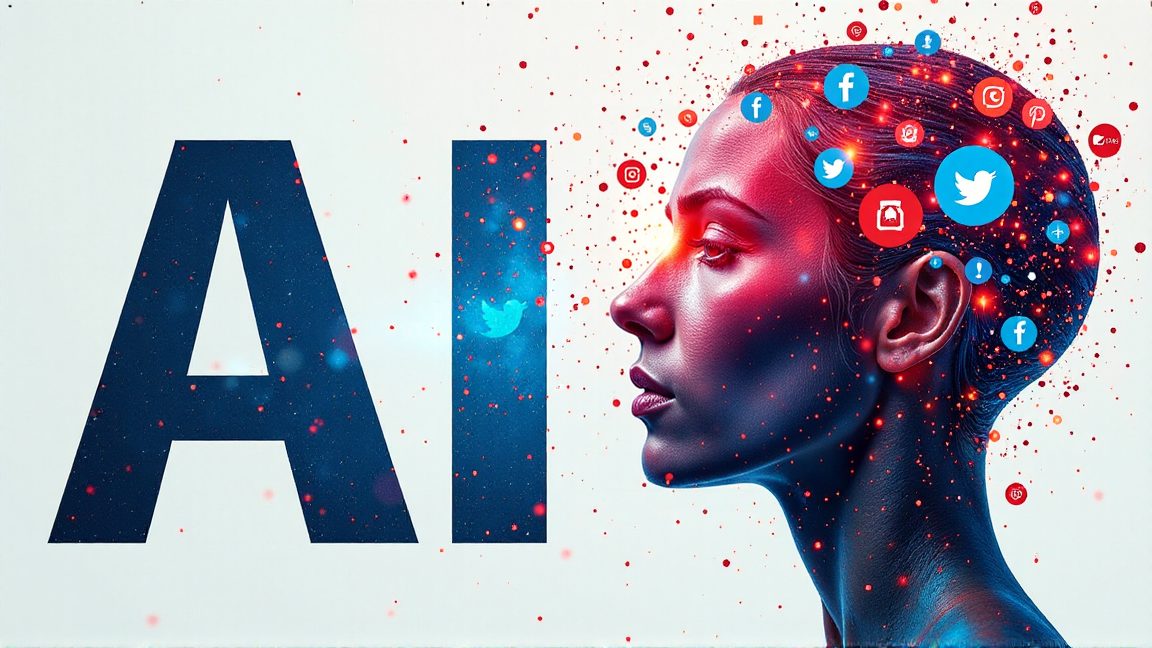 「AI」の文字と、SNSアイコンが散りばめられた女性の横顔が印象的な画像です。AIを活用したSNSコンテンツの可能性を示唆するビジュアルです。AIコンテンツ, SNS, バズる, 画像生成AI, 動画生成AI