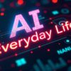 「AI Everyday Life」と書かれたネオンサイン風の画像です。背景には、サイバーパンク風のインターフェースが描かれています。AI, 人工知能, 日常生活, テクノロジー, AI活用