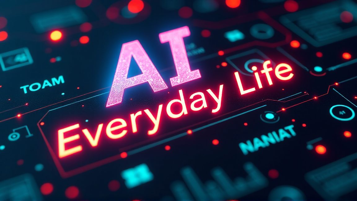 「AI Everyday Life」と書かれたネオンサイン風の画像です。背景には、サイバーパンク風のインターフェースが描かれています。AI, 人工知能, 日常生活, テクノロジー, AI活用