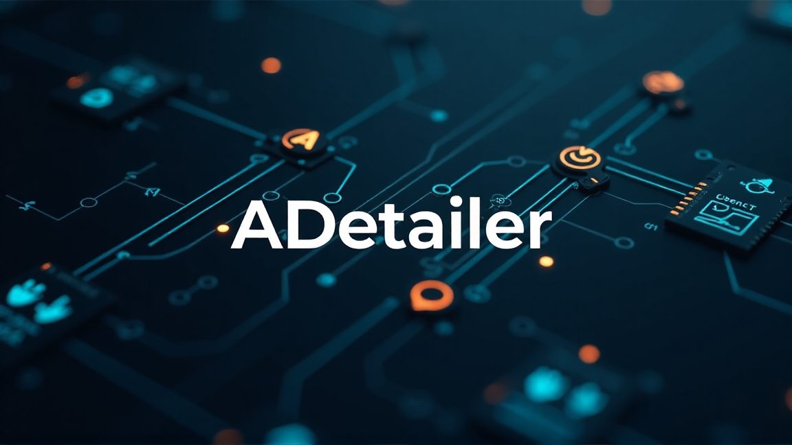 「ADetailer」の文字が、回路のような背景に浮かび上がる画像です。画像生成AIの顔や手の修正を効率化するADetailerの解説記事に使用されています。画像生成AI, ADetailer, Stable Diffusion, 拡張機能, AIツール