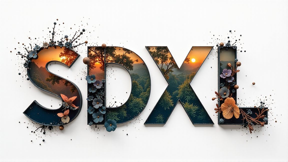 「SDXL」の文字が、風景写真と花で装飾された画像です。画像生成AI「SDXL」の解説記事に使用されています。画像生成AI, SDXL, Stable Diffusion, AIモデル, テクノロジー