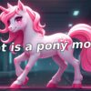 ピンク色のユニコーンのイラストが描かれた画像で、「What is a pony model?」というテキストが重ねられています。背景はSF風の廊下です。ポニー系モデルの解説記事に使用されています。ポニー系モデル, Stable Diffusion, AIイラスト, アニメ調, 画像生成AI