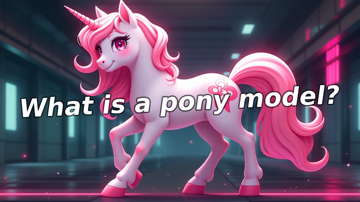 ピンク色のユニコーンのイラストが描かれた画像で、「What is a pony model?」というテキストが重ねられています。背景はSF風の廊下です。ポニー系モデルの解説記事に使用されています。ポニー系モデル, Stable Diffusion, AIイラスト, アニメ調, 画像生成AI