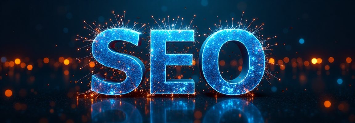 青く光るSEOの文字が、オレンジ色の光が散らばる背景に描かれた画像。SEO, 3D, 光, テクノロジー