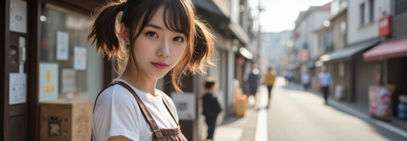 ポニーテールの若い女性が、街並みを背景に立っている画像。女性, ポニーテール, 街並み, 屋外