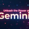 「Gemini」の文字が大きく表示され、赤と青の光点が散らばる背景の画像です。GoogleのAIモデル「Gemini」の可能性を示すビジュアルです。AIモデル, Gemini, Google, 人工知能, テクノロジー