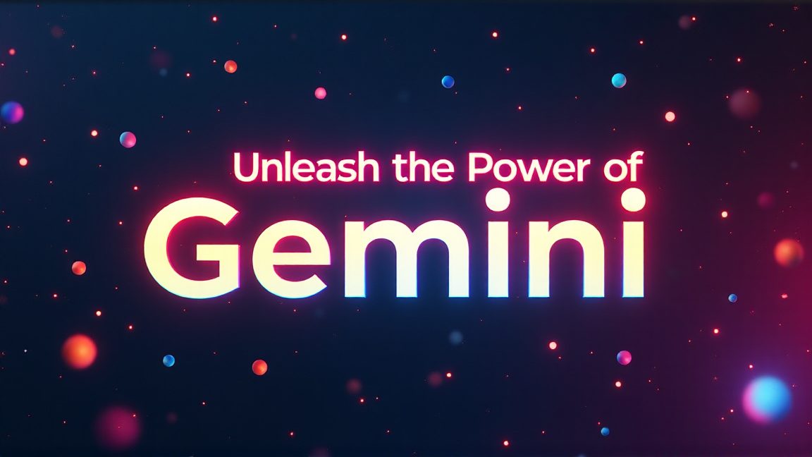 「Gemini」の文字が大きく表示され、赤と青の光点が散らばる背景の画像です。GoogleのAIモデル「Gemini」の可能性を示すビジュアルです。AIモデル, Gemini, Google, 人工知能, テクノロジー