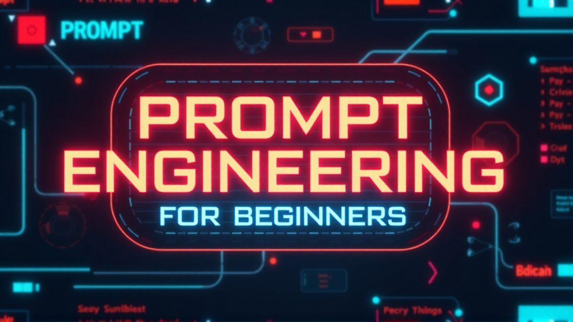 「PROMPT ENGINEERING FOR BEGINNERS」と書かれたネオンサイン風の画像です。背景には、サイバーパンク風のインターフェースが描かれています。プロンプトエンジニアリング, AI, 機械学習, 自然言語処理, AI活用
