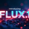 「Introducing FLUX.1」の文字がネオンのように光る画像です。背景には、赤い光点が散りばめられた暗い地形が広がっています。画像生成AI「FLUX.1」の紹介ビジュアルです。画像生成AI, FLUX.1, AIモデル, Black Forest Labs, テクノロジー