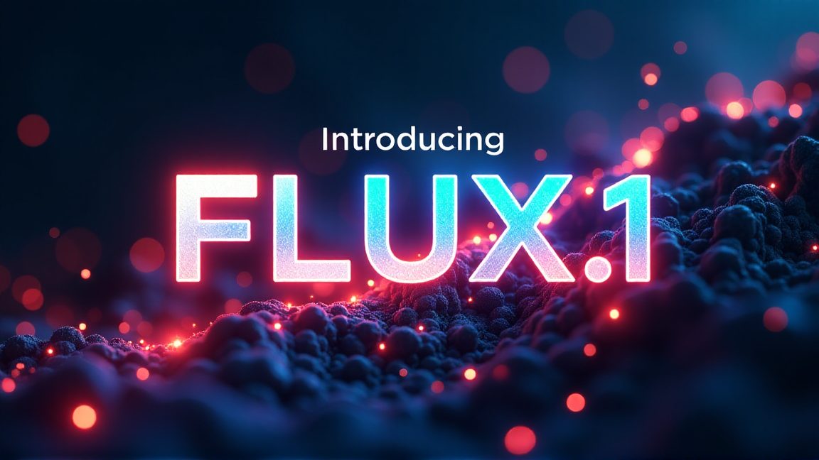 「Introducing FLUX.1」の文字がネオンのように光る画像です。背景には、赤い光点が散りばめられた暗い地形が広がっています。画像生成AI「FLUX.1」の紹介ビジュアルです。画像生成AI, FLUX.1, AIモデル, Black Forest Labs, テクノロジー