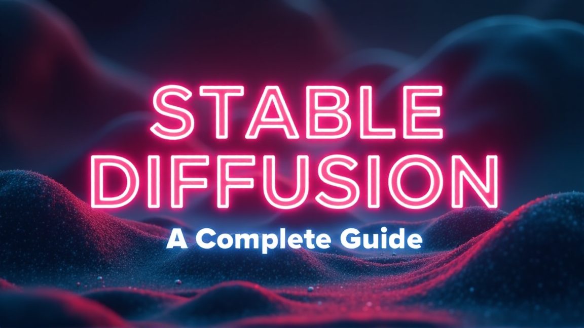 ピンク色のネオンで「STABLE DIFFUSION」と書かれた画像です。下部には「A Complete Guide」と書かれています。背景は、砂丘のような質感の暗い青色のグラデーションです。画像生成AI, Stable Diffusion, 深層拡散モデル, テキストから画像生成