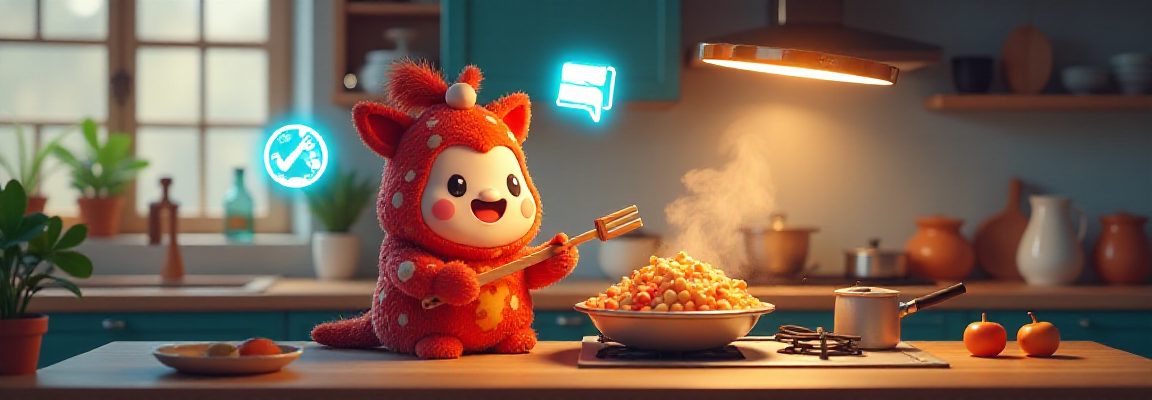 赤い着ぐるみを着たキャラクターが、キッチンで料理をしている様子を描いたイラスト。キャラクターは木製のヘラを持っており、ボウルには黄色い食べ物が入っている。キャラクターの頭上には、青い吹き出し型のアイコンが浮かんでいる。, キャラクター, 料理, キッチン, 吹き出しアイコン