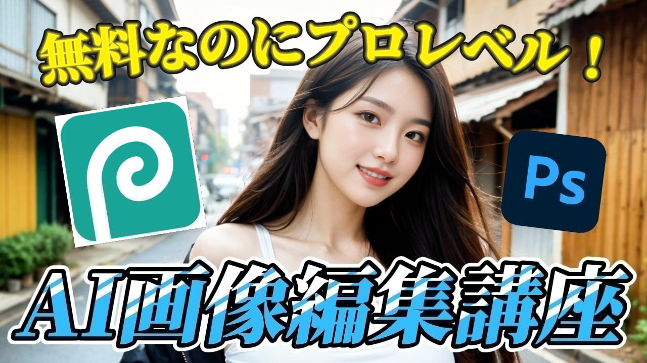 「AI画像編集を無料＆簡単マスター！Photoshop/Photopeaツール別徹底解説」というタイトルのYouTube動画サムネイル画像。PhotoshopとPhotopeaを使ったAI生成画像の編集方法を、ツール別に解説しています。Photoshop, Photopea, AI生成画像, 画像編集, ツール別解説