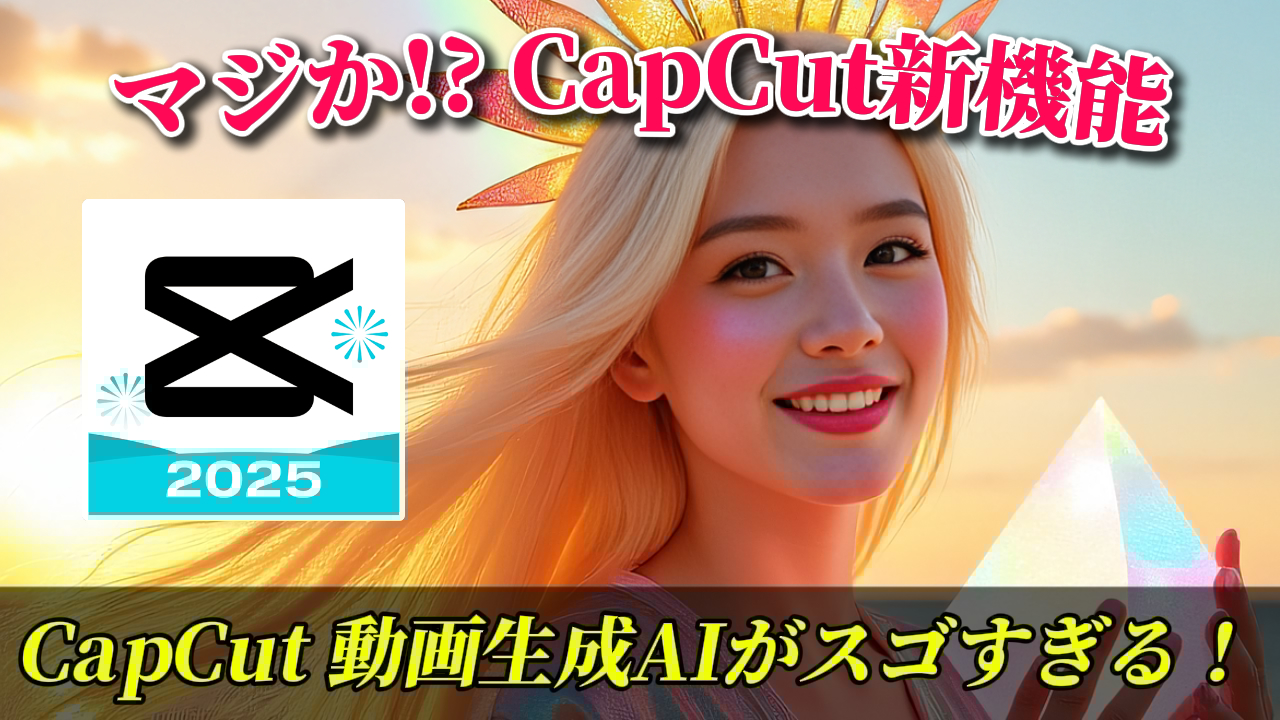 CapCutの動画生成AI機能を紹介する画像。女性が微笑み、背景には虹と夕焼けが描かれ、CapCutのロゴと「2025」の文字が配置されている。CapCut, 動画生成AI, 新機能, AI, 2025