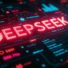 DeepSeekと赤く光るデジタル表示、背景にはデータビジュアライゼーションが広がる技術的なイメージ。AIスタートアップDeepSeekの革新性を表現。DeepSeek, AIスタートアップ, LLM, データビジュアライゼーション
