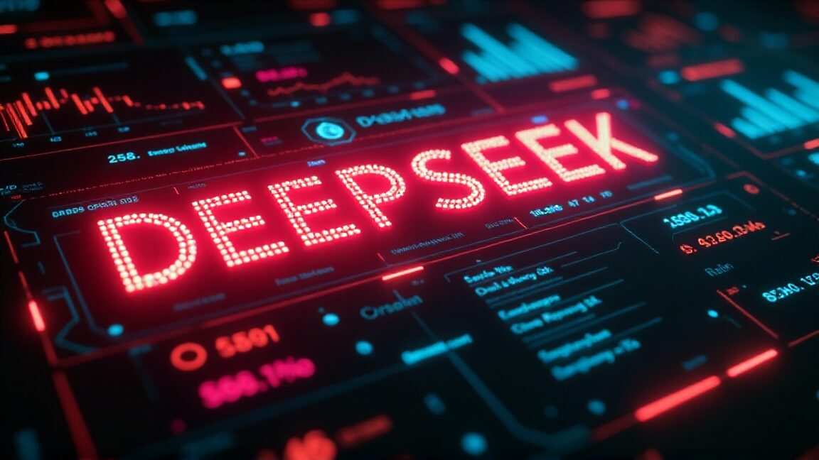 DeepSeekと赤く光るデジタル表示、背景にはデータビジュアライゼーションが広がる技術的なイメージ。AIスタートアップDeepSeekの革新性を表現。DeepSeek, AIスタートアップ, LLM, データビジュアライゼーション