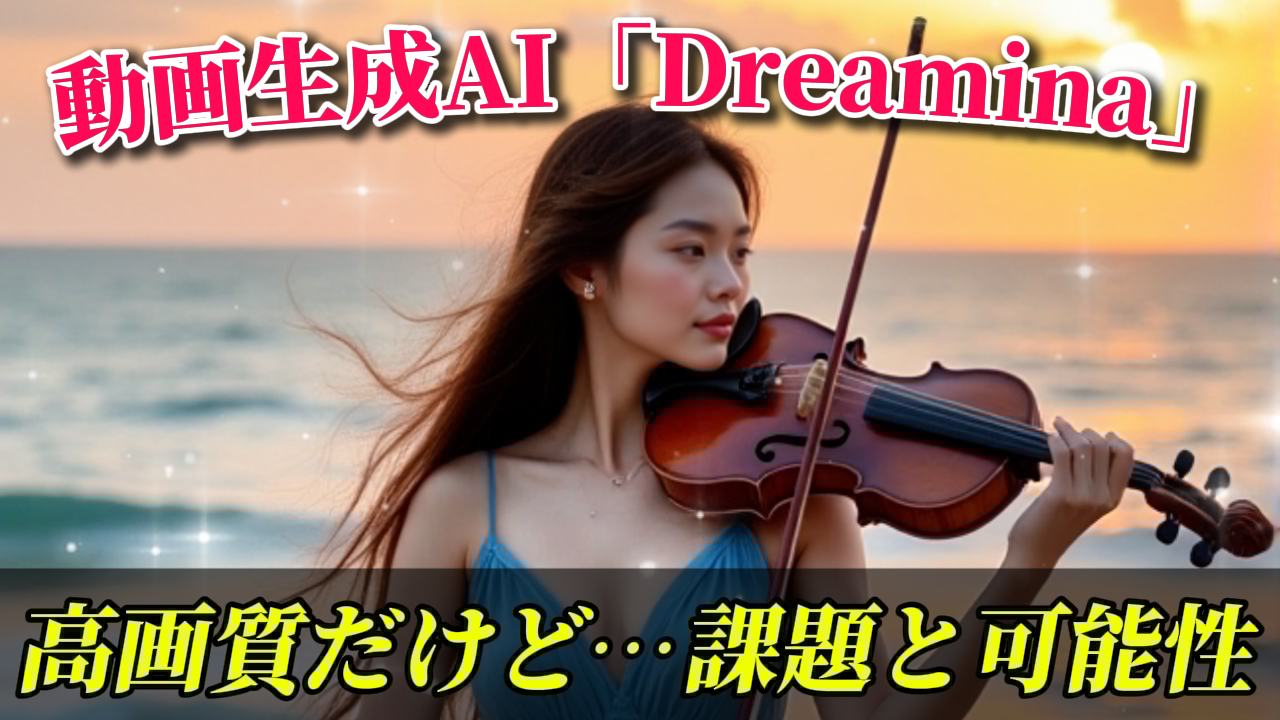 バイオリンを弾く女性の画像。動画生成AI「Dreamina」の検証に関するYouTube動画のサムネイルとして使用されています。高画質だが課題と可能性もある、という点が示唆されています。Dreamina, 動画生成AI, βテスト, 高画質