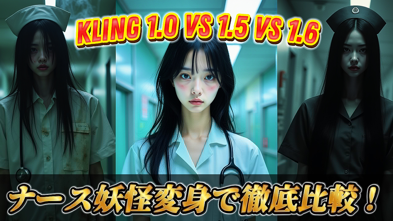 YouTube動画「【AI動画生成】ナース妖怪変身！KLING AI 1.0/1.5/1.6徹底比較＆作成方法」のサムネイル画像。「KLING 1.0 VS 1.5 VS 1.6」と「ナース妖怪変身で徹底比較！」のテキスト、変身前後のナースの画像が表示されている。KLING AI, バージョン比較, ナース, 妖怪, 変身, 動画生成, サムネイル, AI動画