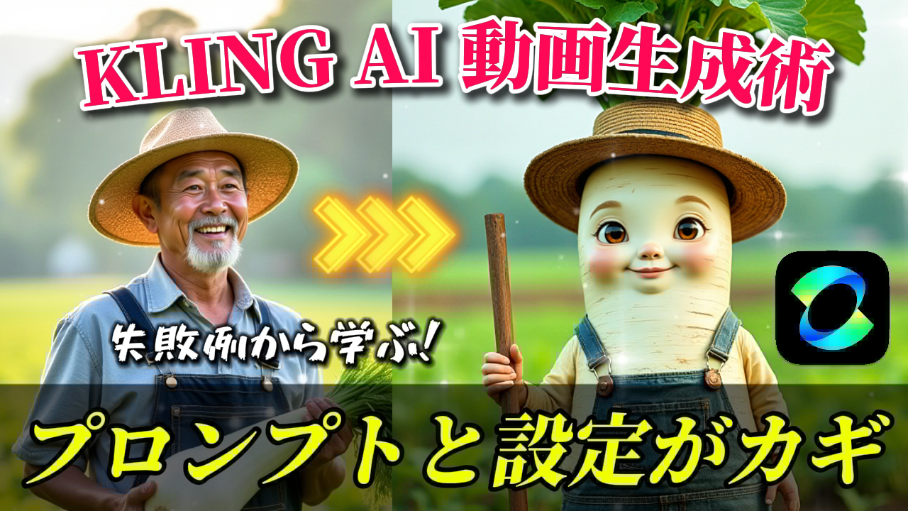 動画生成AI「KLING AI」の解説サムネイル画像。左側に大根を持つ男性、右側に大根のキャラクターとKLING AIのロゴが配置され、「KLING AI 動画生成術」、「失敗例から学ぶ！」、「プロンプトと設定がカギ」というテキストが表示されています。KLING AI, 動画生成, プロンプト, 設定