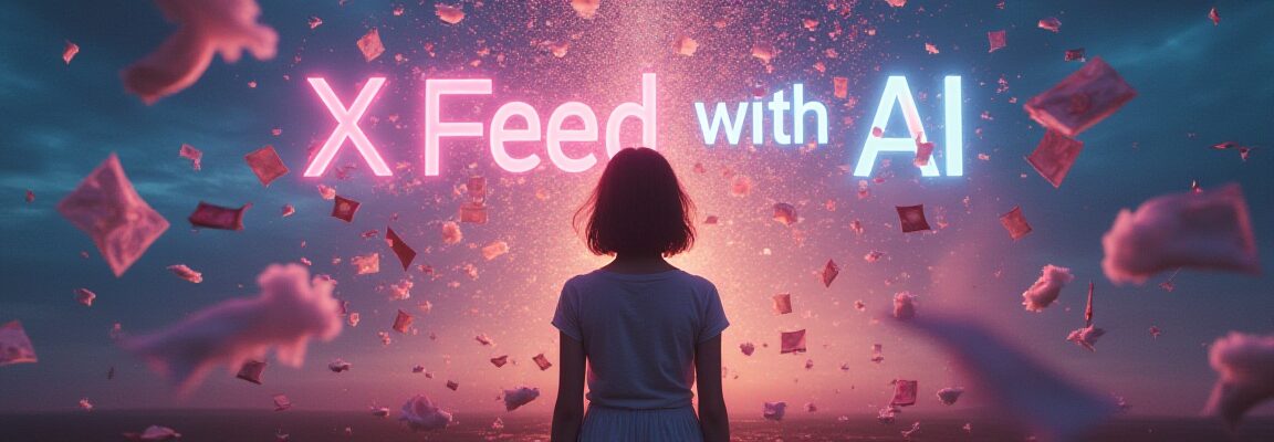空を背景に、多数の光る長方形が舞う中、中央に女性の後ろ姿が配置されている。「X Feed with AI」というテキストが、ピンクと水色のネオンサインのように表示されている。これは、AIを活用したX(旧Twitter)の画像配信用指示書セットのイメージ画像である。AI, X, 指示書, 画像配信