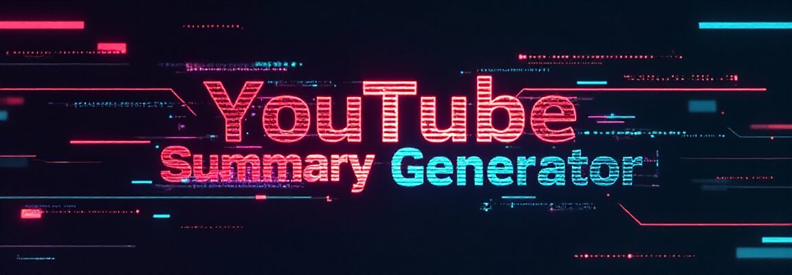 YouTube動画の要約を自動生成するシステムのロゴ画像。赤とシアンのネオン風のテキストで「YouTube Summary Generator」と書かれています。YouTube, 動画, 要約, 自動生成