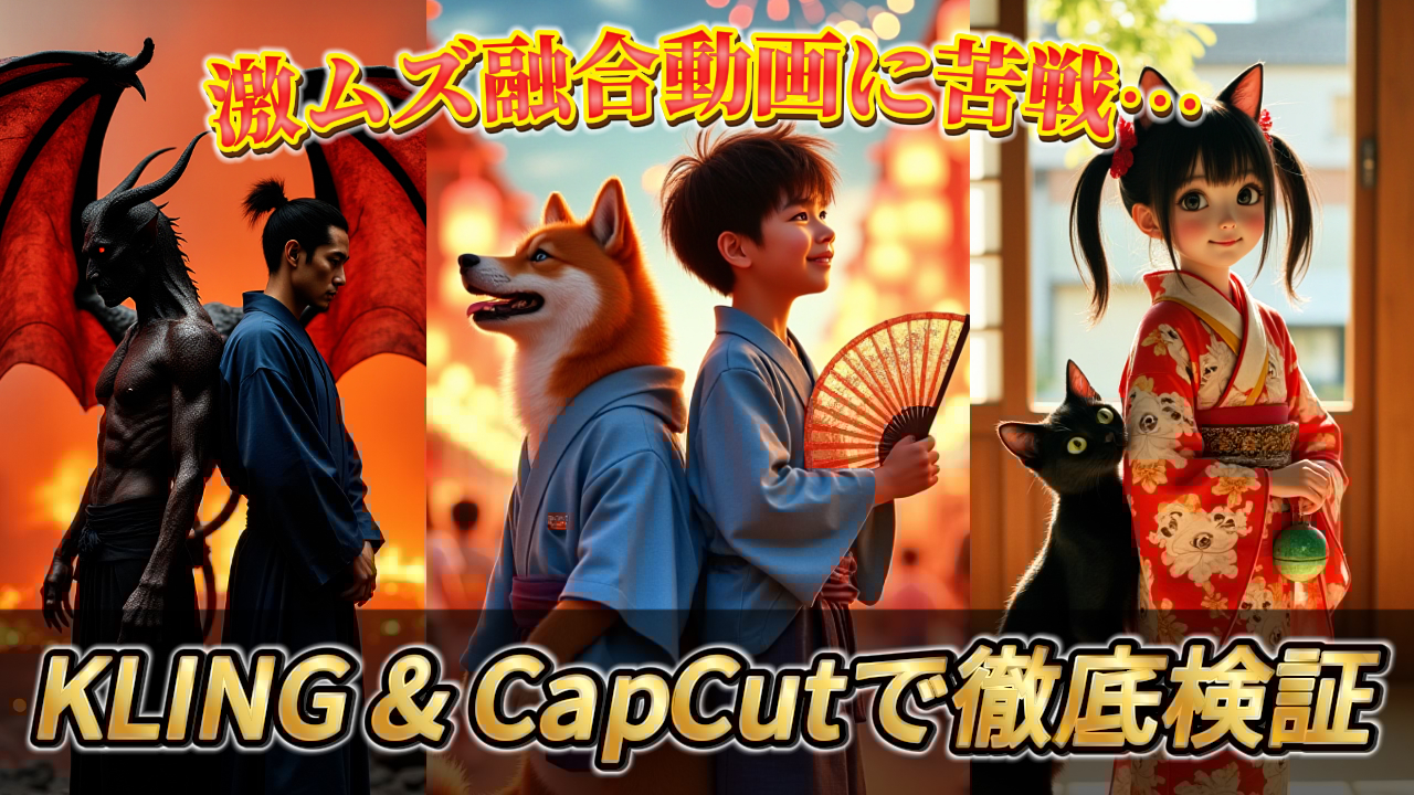 KLING AIとCapCutの動画生成AIサービスを使って、キメラ動画の作成に挑戦している様子を表す画像。悪魔と日本人男性、猫と少女、犬と少年の画像が使用され、融合・分離動画の実験結果を示唆している。KLING AI, CapCut, 動画生成AI, キメラ動画, 融合動画, 分離動画