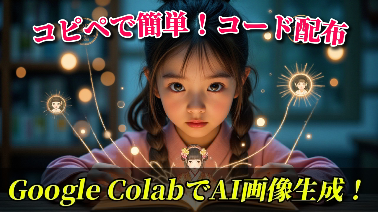 幼い少女が本を開き、Google ColabでのAI画像生成について解説している様子を表すイメージ。背景には「コピペで簡単！コード配布」「Google ColabでAI画像生成！」のテキストが重ねられている。AI画像生成, Google Colab, Stable Diffusion, Fluxモデル, コード配布, 簡単