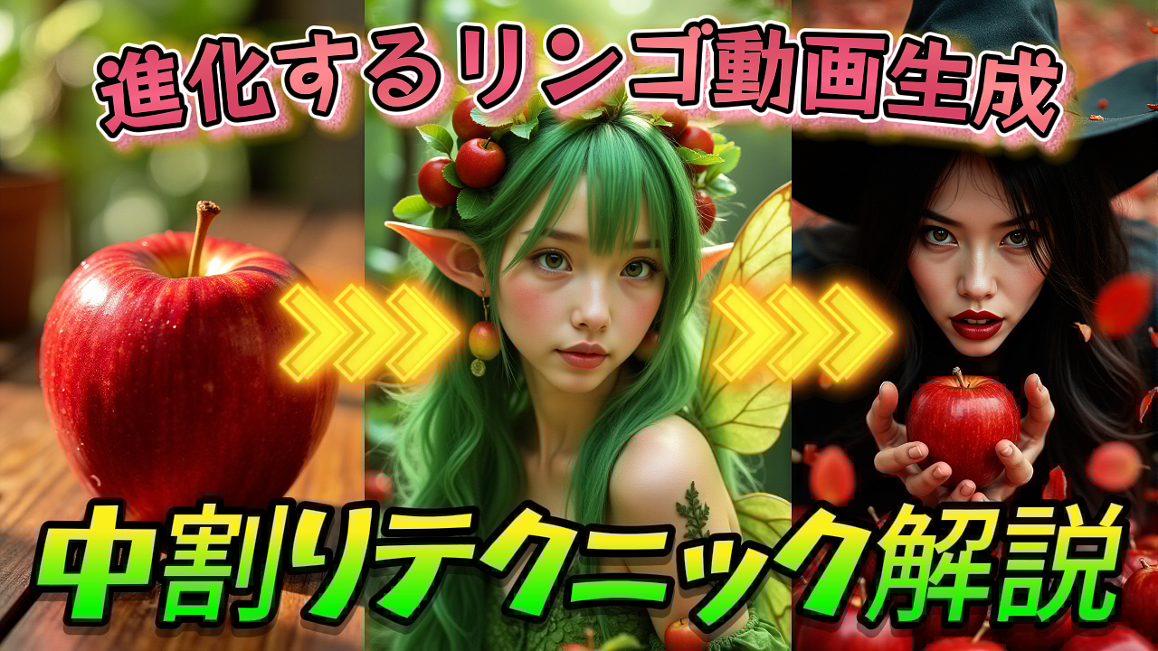 AIによる画像生成の過程を示す画像。リンゴが妖精や魔女風のキャラクターに変化していく様子を、3つの段階で表現している。中央には黄色い矢印があり、変化の方向性を示している。画像上部には「進化するリンゴ動画生成」、下部には「中割りテクニック解説」というテキストがある。これは、AIを活用した画像生成と動画生成に関する記事のアイキャッチ画像である。AI, 画像生成, 進化, リンゴ, 動画