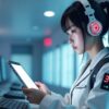 ヘッドフォンを装着し、タブレットを操作する女性。背後には複数のモニターが設置された部屋が見える。AI技術を活用した学習や作業の様子を捉えた画像。AI, 動画制作, Google Colab, Stable Diffusion