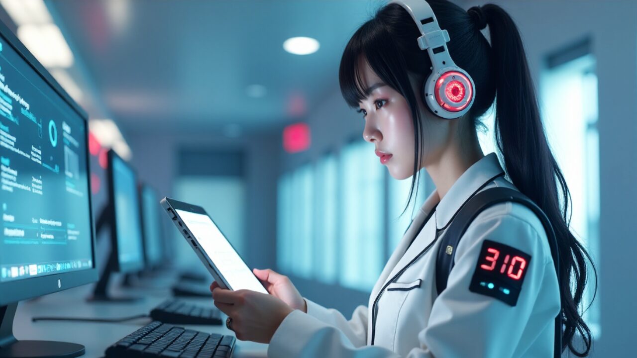 ヘッドフォンを装着し、タブレットを操作する女性。背後には複数のモニターが設置された部屋が見える。AI技術を活用した学習や作業の様子を捉えた画像。AI, 動画制作, Google Colab, Stable Diffusion