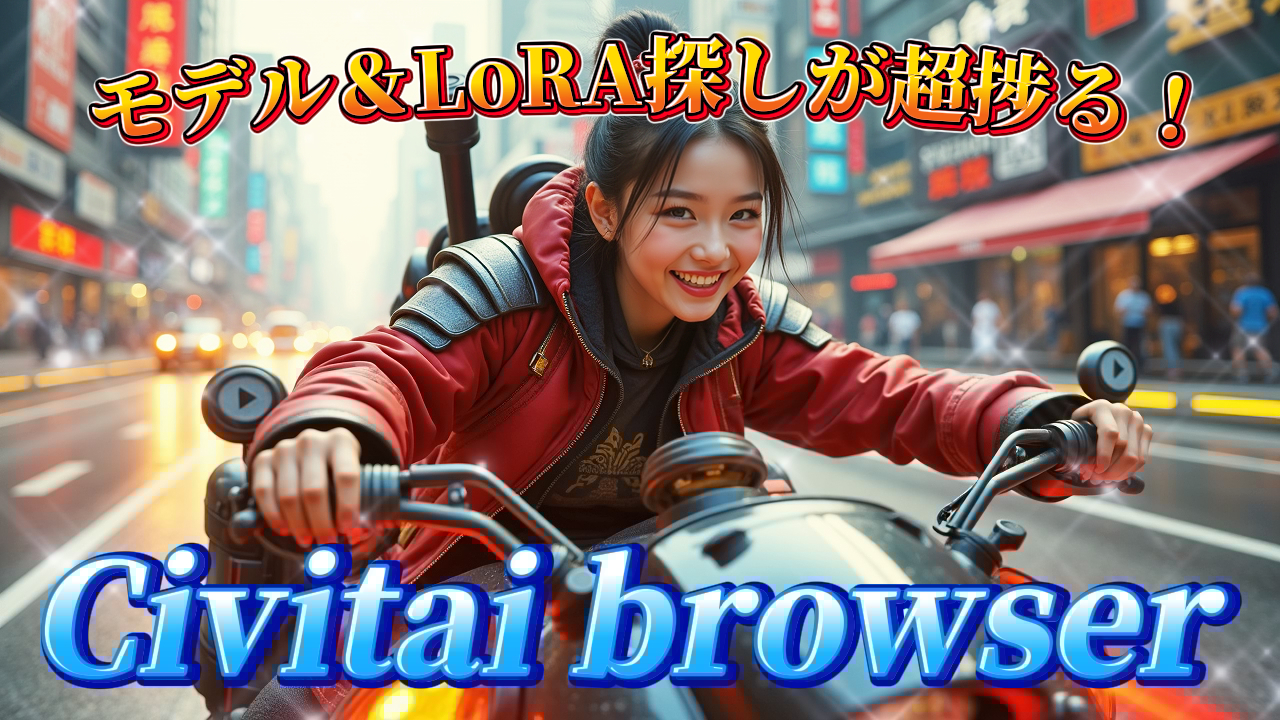 Stable Diffusionの拡張機能Civitai browserを紹介するYouTube動画のサムネイル画像。赤いジャケットを着た女性がバイクに乗っており、「Civitai browser」の文字が大きく表示されています。Civitai, browser, Stable Diffusion, 拡張機能