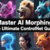 様々なAI生成画像が並び、「Master AI Morphing The Ultimate ControlNet Guide」と書かれたバナー画像。ControlNetとFlux.1 [dev] モデルを組み合わせたAI変身動画制作に関するガイドの紹介です。AI, ControlNet, Flux.1 [dev], 変身動画