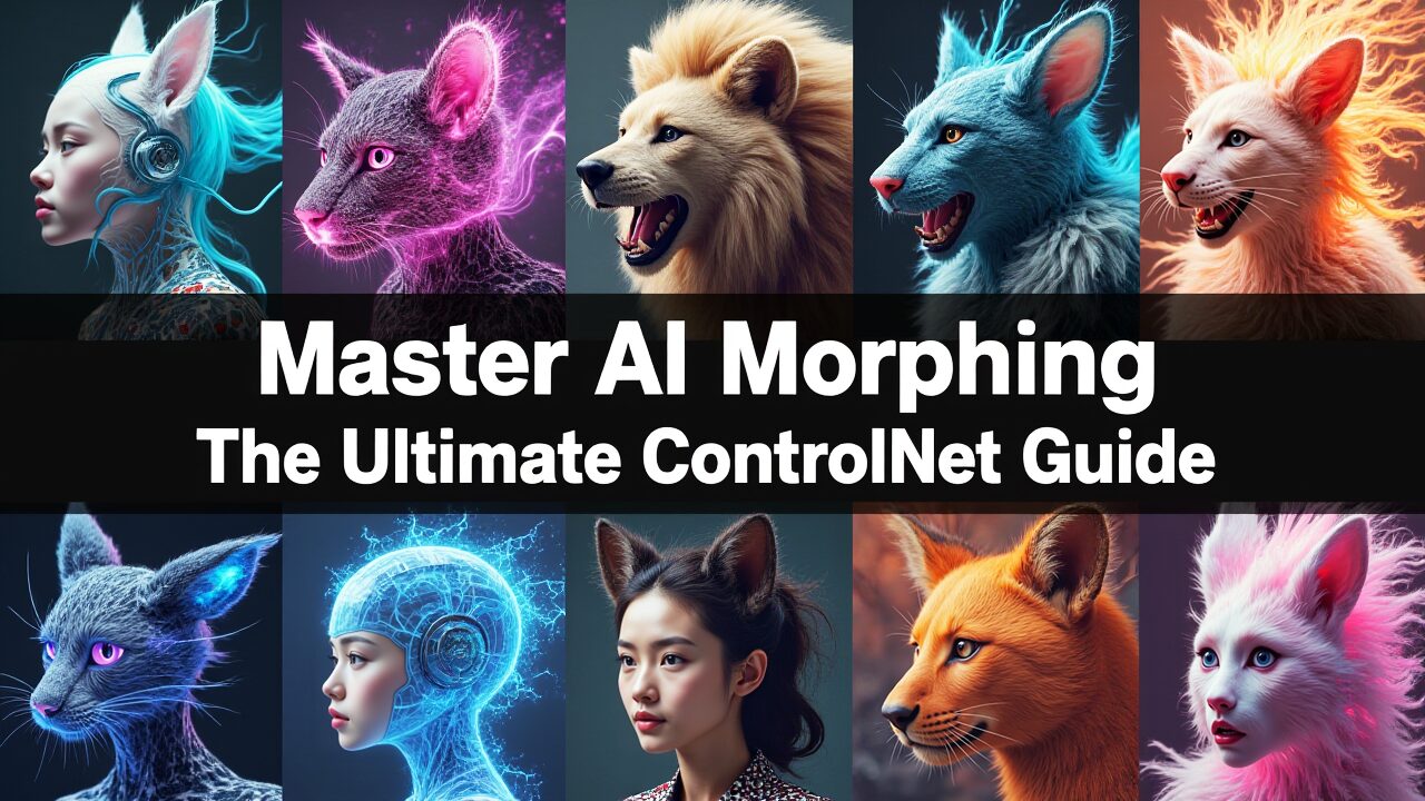 様々なAI生成画像が並び、「Master AI Morphing The Ultimate ControlNet Guide」と書かれたバナー画像。ControlNetとFlux.1 [dev] モデルを組み合わせたAI変身動画制作に関するガイドの紹介です。AI, ControlNet, Flux.1 [dev], 変身動画