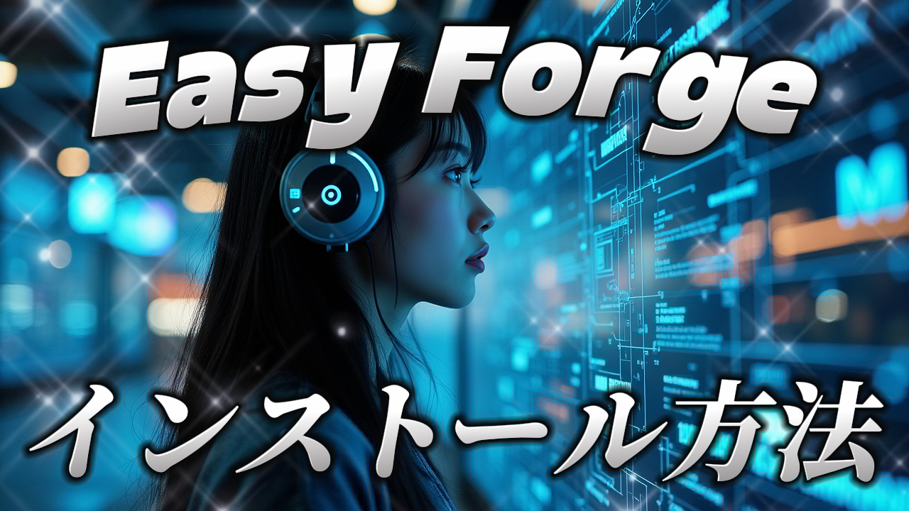 ヘッドホンを装着し、デジタルインターフェースを見つめる女性の画像。EasyForgeのインストール方法を解説するYouTube動画のサムネイルとして使用されています。キーワード: EasyForge, Stable Diffusion Forge, インストール, 画像生成AI