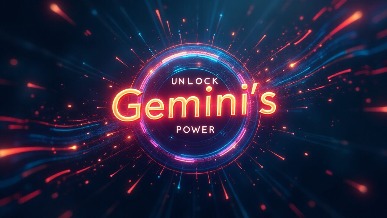 Google AI StudioのGeminiのパワーをアンロックする画像。鮮やかなネオンカラーの光の線が中心に向かって収束し、中央には「Gemini's」というテキストが配置されています。Google AI, Gemini, プロンプト, テキスト生成