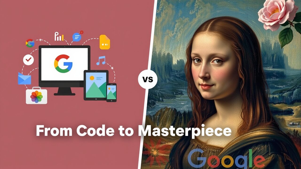 Googleの各種サービスアイコンとコンピューター、タブレット、スマートフォンのイラストが左側に、モナ・リザ風の女性の画像が右側に配置された比較画像。Google, Stable Diffusion Forge, FLUXモデル, 画像生成