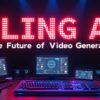 「KLING AI」と「The Future of Video Generation」というテキストが表示された画像。複数のモニター、キーボード、スピーカーが配置されたデスクが写っており、動画生成AIの利用シーンを表現しています。動画生成AI, KLING AI, テクノロジー, 将来