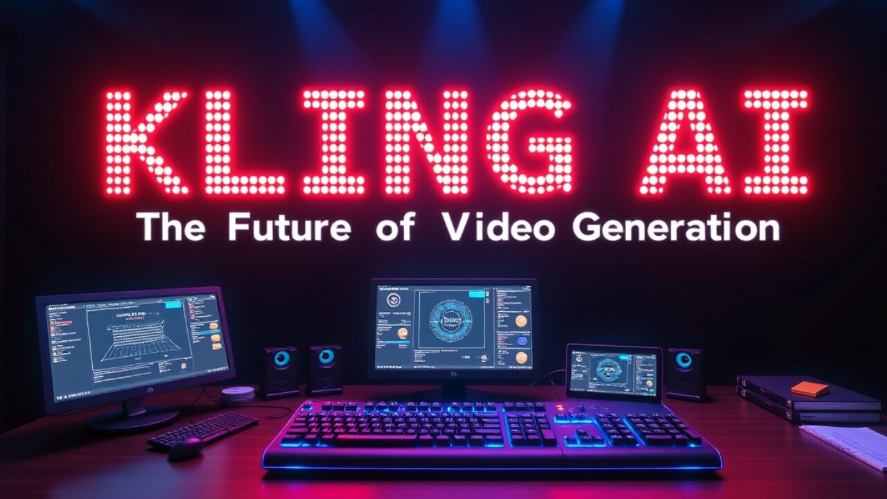 「KLING AI」と「The Future of Video Generation」というテキストが表示された画像。複数のモニター、キーボード、スピーカーが配置されたデスクが写っており、動画生成AIの利用シーンを表現しています。動画生成AI, KLING AI, テクノロジー, 将来