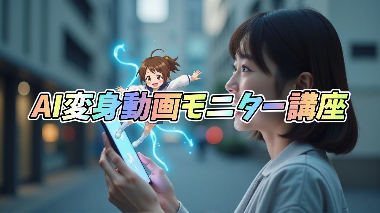 スマートフォンを操作する女性と、画面から飛び出すアニメキャラクターが表示され、「AI変身動画モニター講座」というテキストが添えられた画像。OKIHIRO AIクリエイティブの講座を紹介しています。AI変身動画, モニター講座, スマートフォン, アニメ