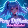 Pony Diffusionのロゴと、青い髪のツインテールをしたアニメ調の女の子が描かれた画像。AIによる画像生成技術の進化と、アニメイラストの可能性を示唆しています。Pony Diffusion, アニメ, イラスト, AI, ツインテール