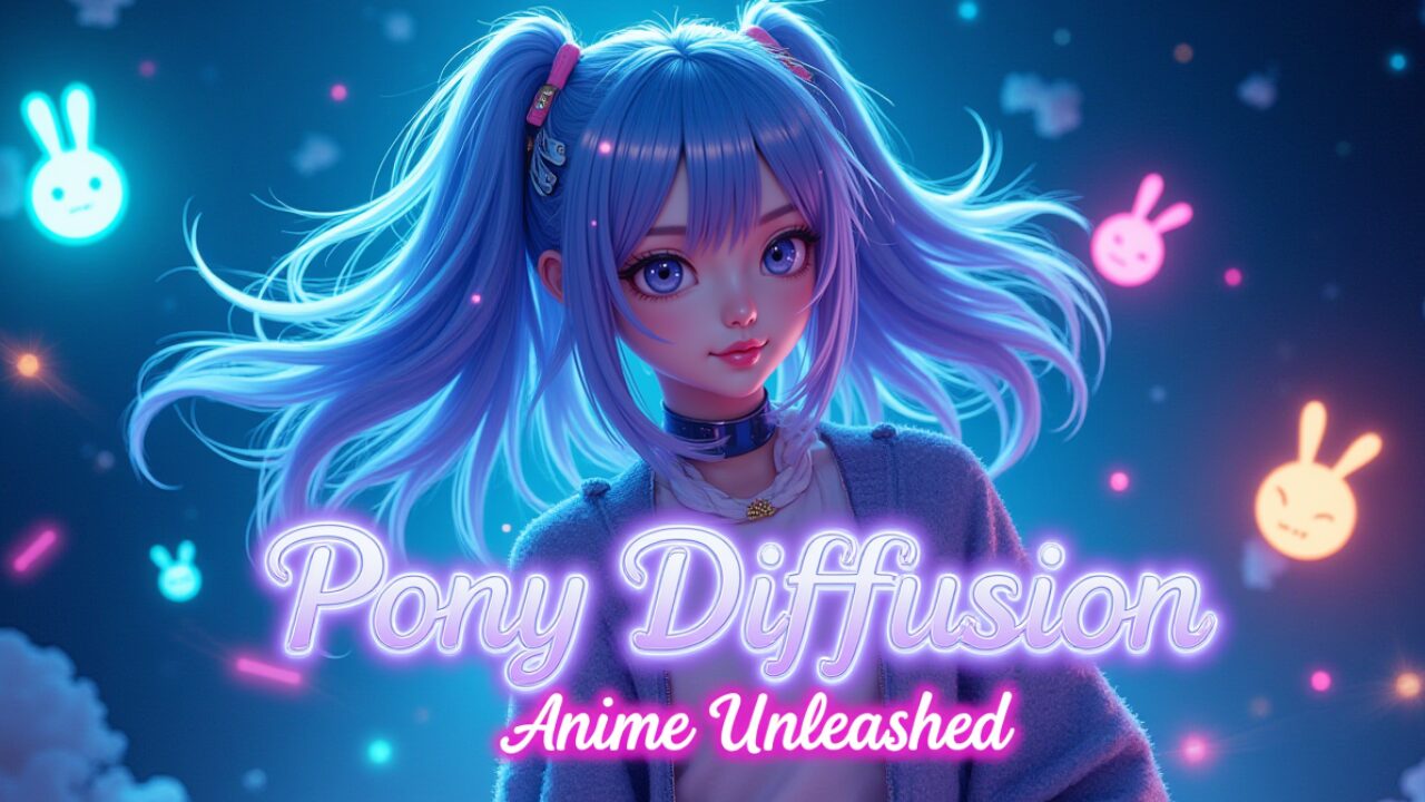 Pony Diffusionのロゴと、青い髪のツインテールをしたアニメ調の女の子が描かれた画像。AIによる画像生成技術の進化と、アニメイラストの可能性を示唆しています。Pony Diffusion, アニメ, イラスト, AI, ツインテール