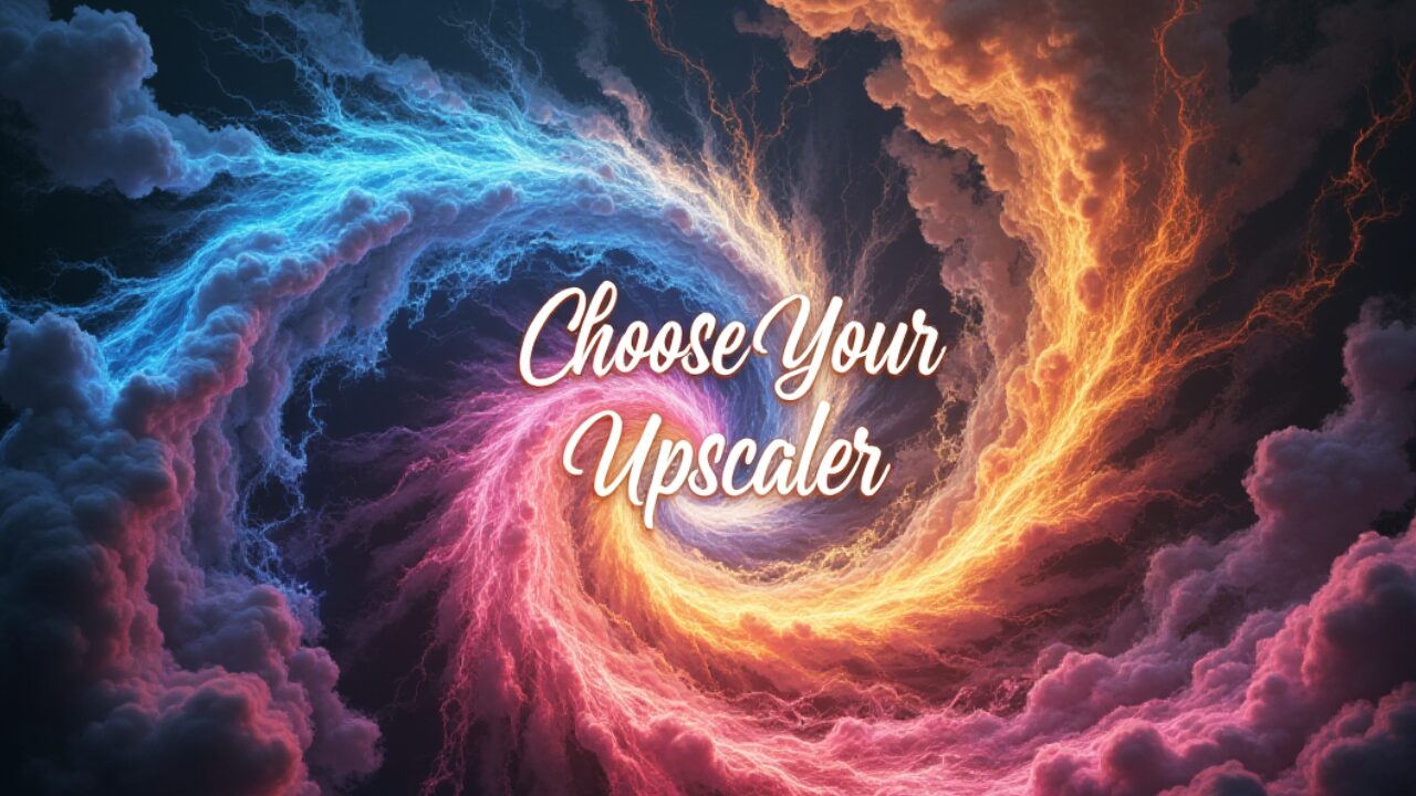 Stable Diffusionの段階的アップスケーリングを象徴する、色とりどりの渦巻き模様のイメージ画像。「Choose Your Upscaler」というテキストが中央に配置されています。Hires.fixを使用せずに、段階的に解像度を上げて高品質な画像を生成する方法を解説する記事のイメージ画像です。 キーワード: Stable Diffusion, 段階的アップスケーリング, Hires.fix, 画像生成, 高画質化