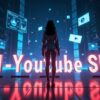 データセンターのような空間に立つ女性の後ろ姿と、「AI-YouTube SEO」の文字が大きく表示された画像。AIを活用したYouTube SEO対策を解説する記事のイメージです。YouTube, SEO, AI, データ分析, アルゴリズム