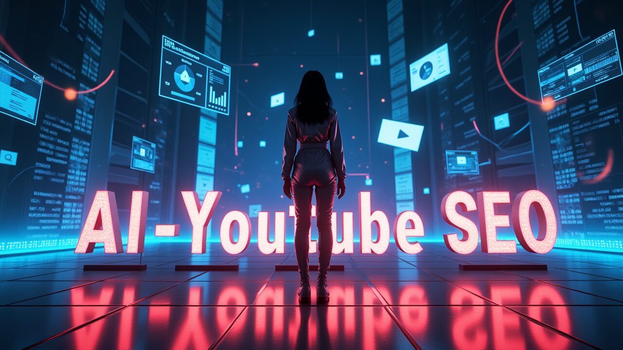 データセンターのような空間に立つ女性の後ろ姿と、「AI-YouTube SEO」の文字が大きく表示された画像。AIを活用したYouTube SEO対策を解説する記事のイメージです。YouTube, SEO, AI, データ分析, アルゴリズム